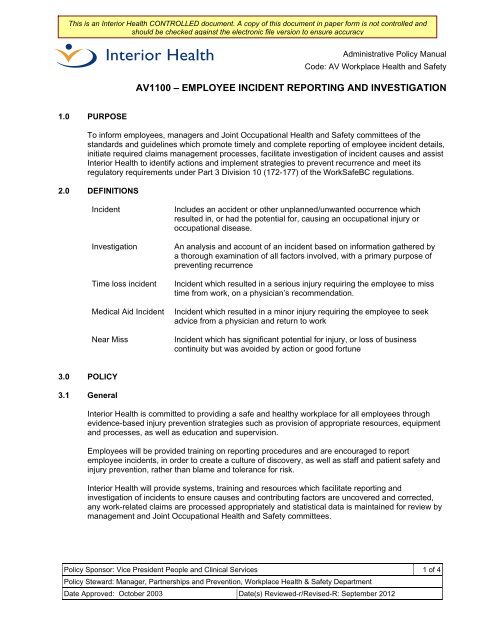 employee incident reporting and investigation - Interior Health ...