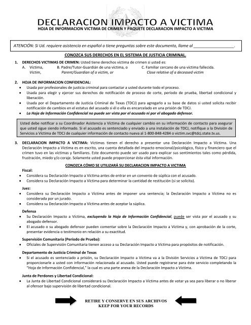 Victim Impact Statement, Spanish - Texas Department of Criminal ...