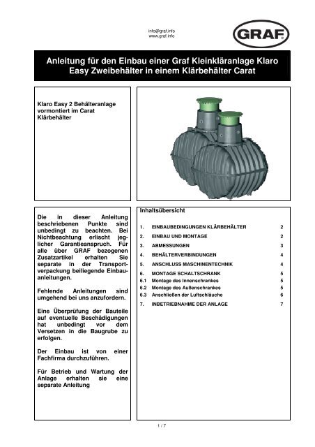 Anleitung für den Einbau einer Graf Kleinkläranlage Klaro Easy ...