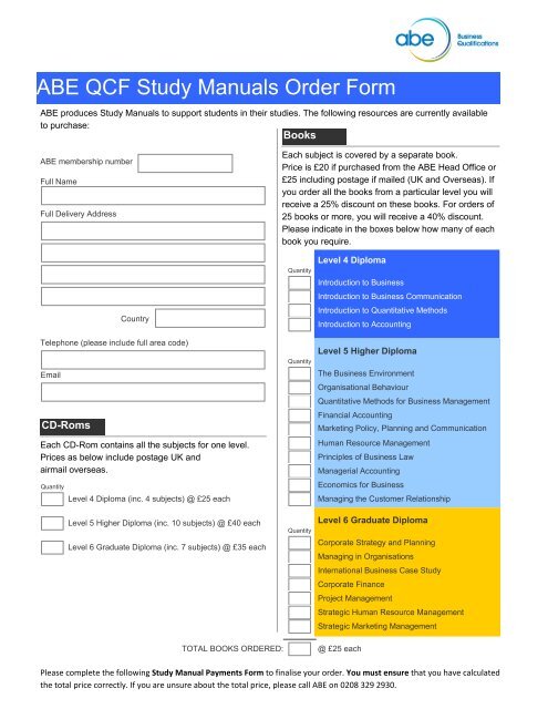 ABE QCF Study Manuals Order Form - Association of Business ...