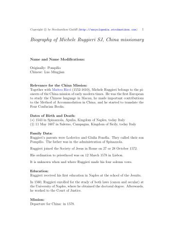 Biography of Michele Ruggieri SJ, China missionary