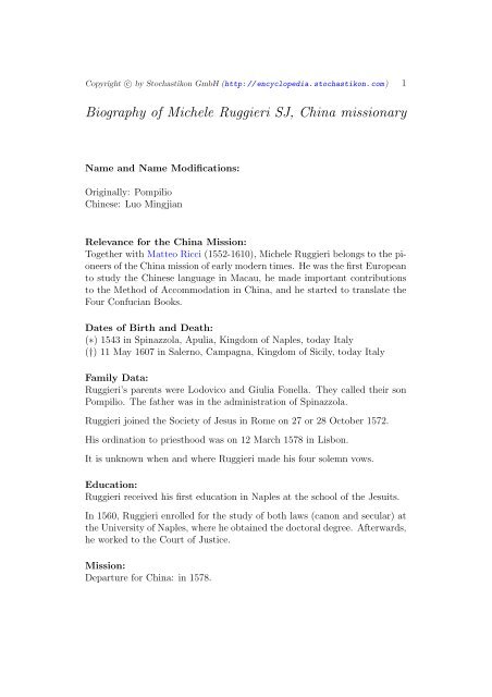 Biography of Michele Ruggieri SJ, China missionary