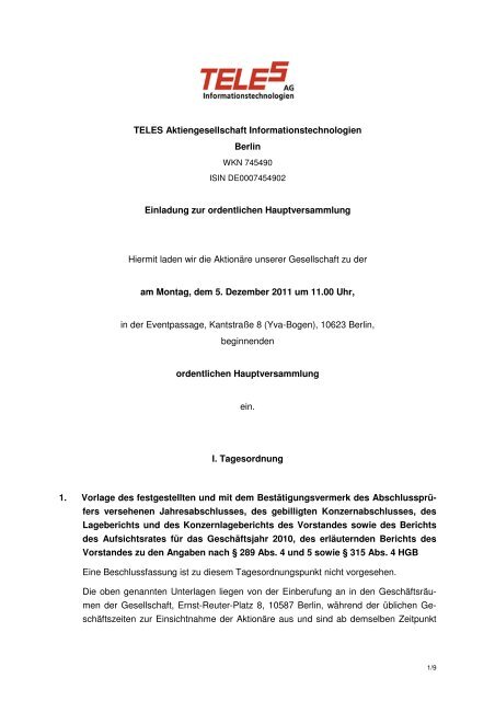 Einladung zur Hauptversammlung und Tagesordnung - teles