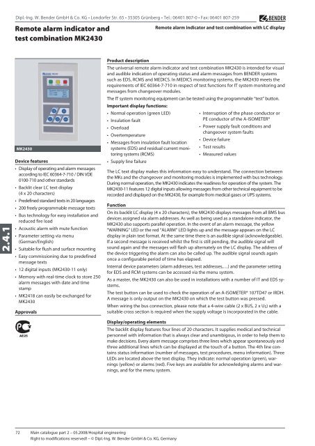 Remote alarm indicator and test combination MK2430 - Bender