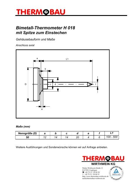 Bimetall- Thermometer H 018 - Thermobau Wirthwein