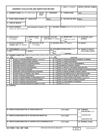 DD Form 1780, Shipment Evaluation and Inspection Record ...