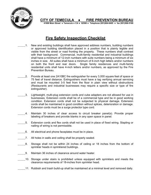 Fire Safety Inspection Checklist - City of Temecula