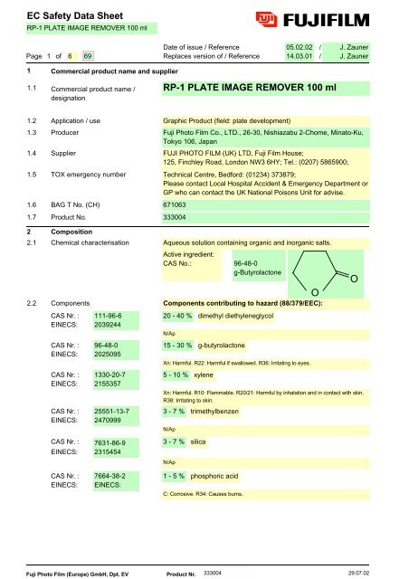 EC Safety Data Sheet RP-1 PLATE IMAGE ... - Offset Supplies
