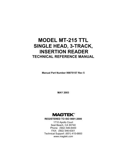 model mt-215 ttl single head, 3-track, insertion reader ... - MagTek