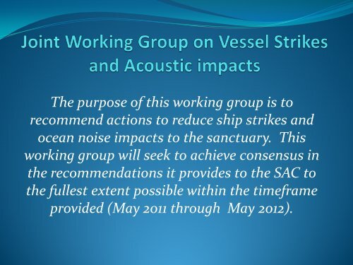 Joint Working Group on Vessel Strikes and Acoustic Impacts Update