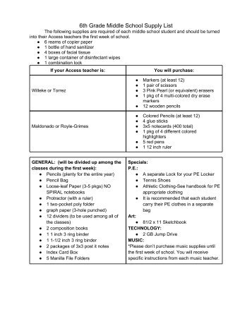 6th Grade Middle School Supply List - Frontier Academy