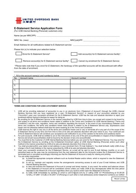 E Statement Service Application Form United Overseas Bank