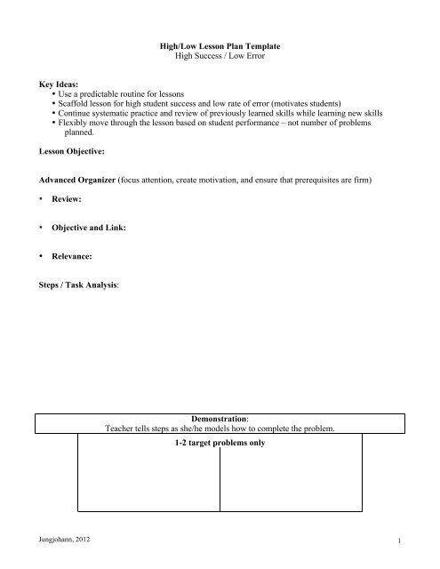 High/Low Lesson Plan Template High Success / Low Error Key Ideas