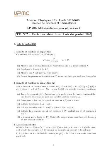 TD N 7 : Variables alÃ©atoires. Lois de probabilitÃ© - lpthe