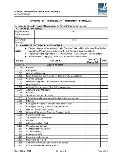 FOF-OMA-001 Manual Compliance Check List CAR OPS 1 Rev. 0.pdf