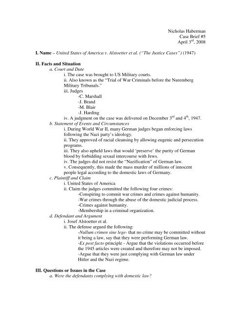 United States of America v. Alstoetter et al. (âThe Justice ... - Courses