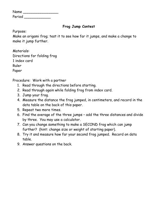 Lesson 11 Measurement Frog Jumping Lab White Plains
