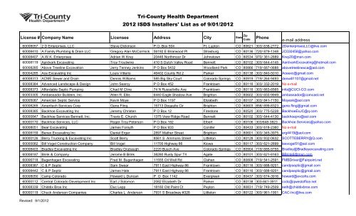 Tri-County Health Department 2012 ISDS Installers' List as  of 9/01 ...