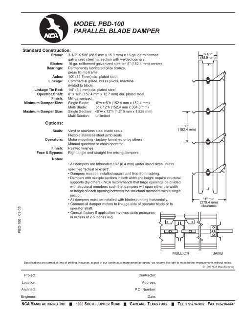 MODEL PBD-100 PARALLEL BLADE DAMPER - NCA Manufacturing