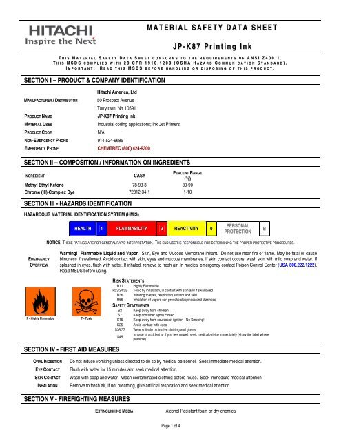 JP-K87 Printing Ink | Material Safety Data Sheet : Hitachi America, Ltd.