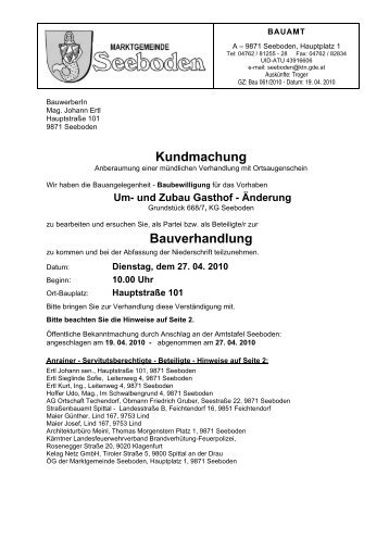 Kundmachung Bauverhandlung - Marktgemeinde Seeboden