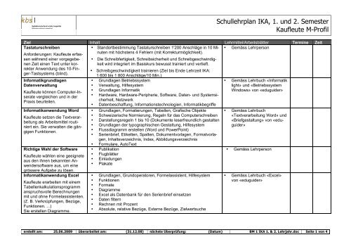 Schullehrplan IKA, 1. und 2. Semester Kaufleute M-Profil