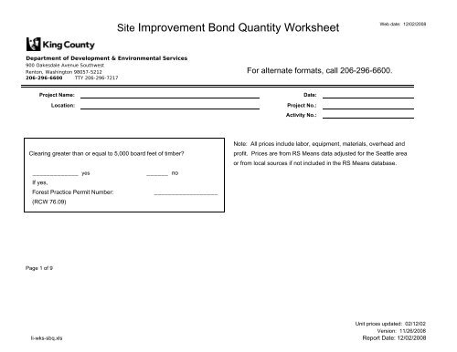 Site Improvement Bond Quantity Worksheet - King County