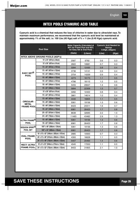 product manual for Intex Round Above Ground Pool Sand ... - Meijer