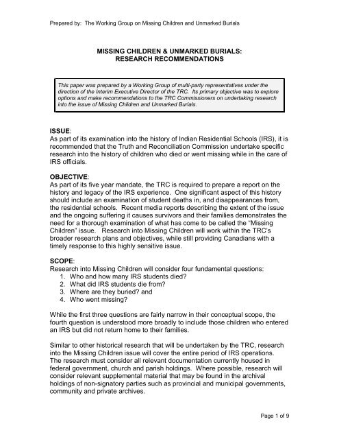 MISSING CHILDREN & UNMARKED BURIALS - Truth and ...