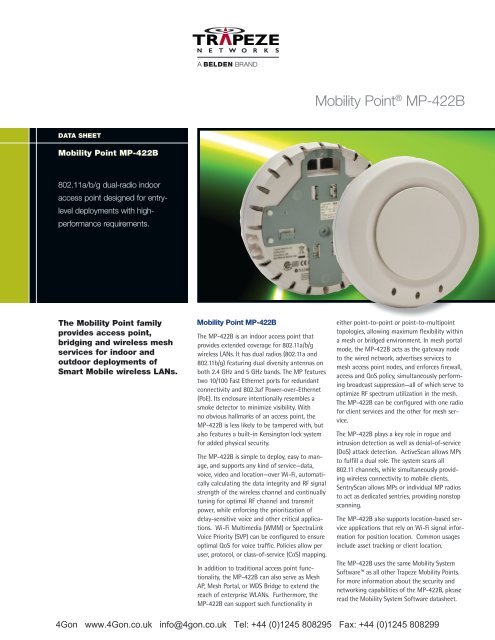 Trapeze Networks Mobility Point MP422B Datasheet (PDF) - 4Gon