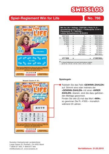 Spiel-Reglement Win for Life No. 766 - Swisslos