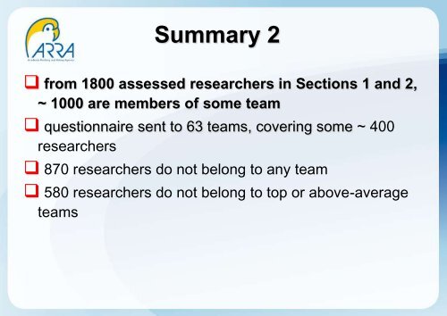 ARRA's experience in the identification of top research teams: