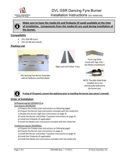 DVL GSR Dancing Fyre Burner Installation Instructions (SKU ... - Lopi