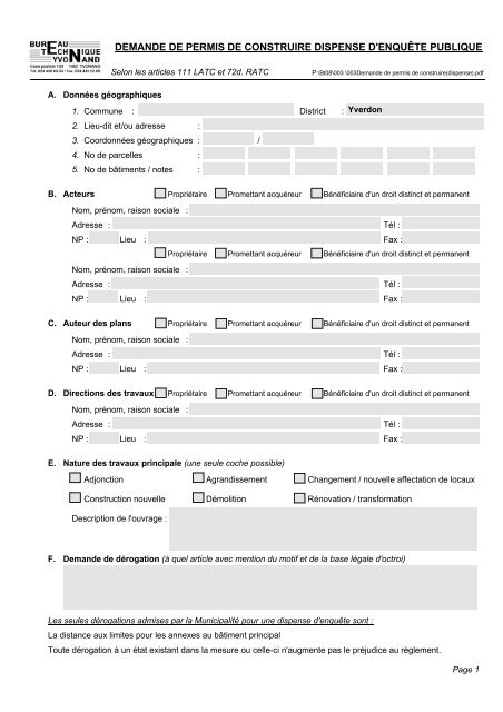 Demande de permis de construire (formulaire) - Yvonand