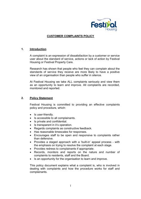 Customer Complaints Policy - Festival Housing