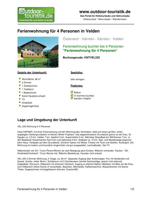 Ferienwohnung für 4 Personen in Velden - Outdoor-Touristik