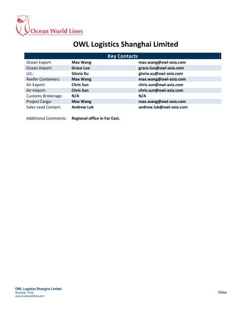 OWL Logistics Shanghai Limited - Ocean World Lines