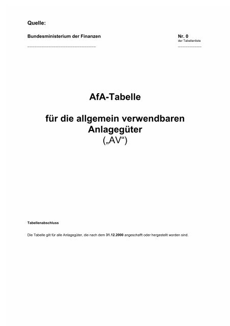 AfA-Tabelle für die allgemein verwendbaren Anlagegüter