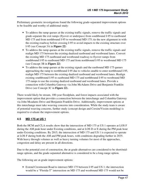 US 1 / MD 175 Improvement Study Phase I Final Report March 2010