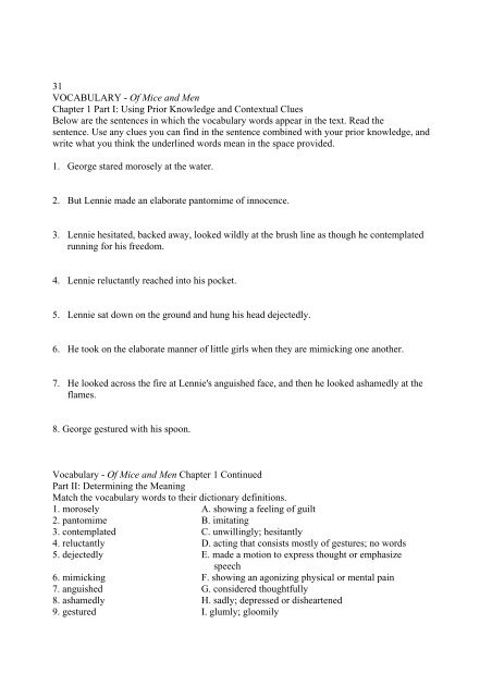 Of Mice And Men Chapter 1 Part I Using Prior Knowledge And Of Mice And Men Chapter 1 Part I Using Prior Knowledge And