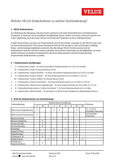 Welcher VELUX Eindeckrahmen zu welcher Dacheindeckung?