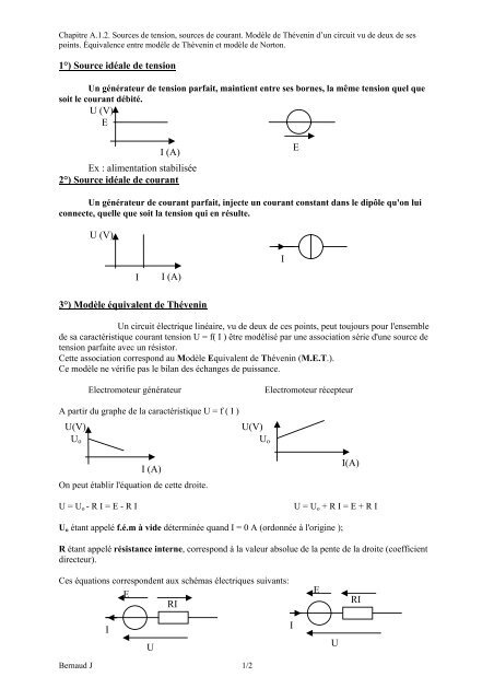 1Â°) Source idÃ©ale de tension I (A) U (V) E E Ex : alimentation ...