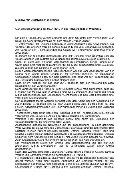 Bericht Generalversammlung - Musikverein Weitmars