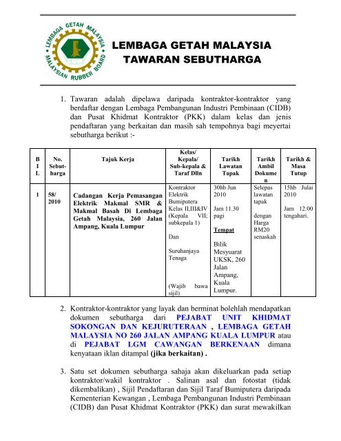 Lembaga Getah Malaysia Tawaran Sebutharga Lgm