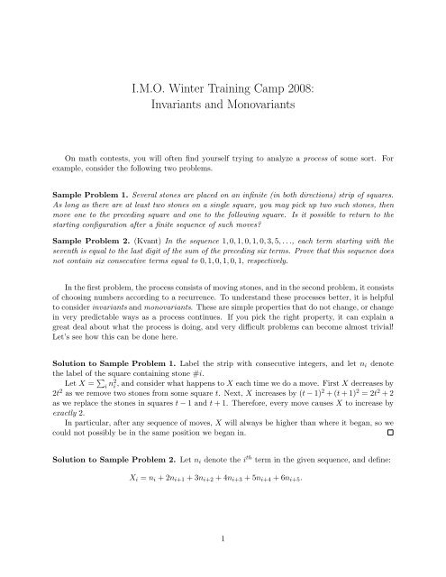 I.M.O. Winter Training Camp 2008: Invariants and ... - Yufei Zhao