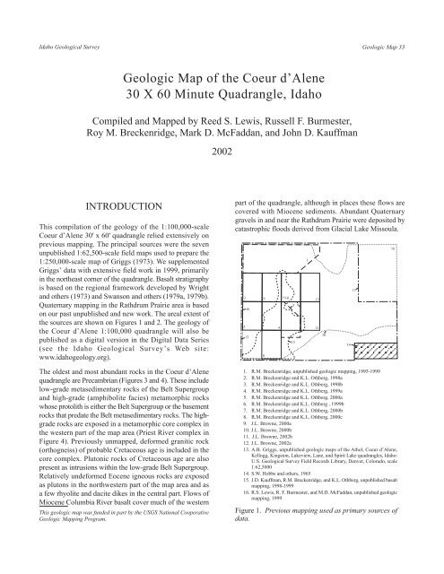 Geologic Map of the Coeur d'Alene 30 X 60 Minute Quadrangle, Idaho