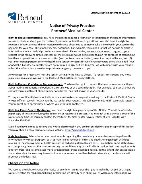 Notice of Privacy Practices Portneuf Medical Center