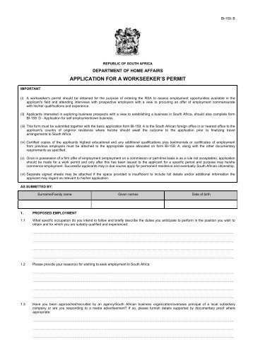 APPLICATION FOR A WORKSEEKER'S PERMIT - South Africa