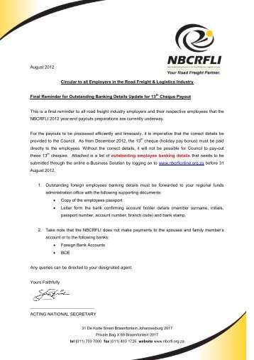 Final Reminder for Outstanding Banking Details ... - nbcrfli.org.za