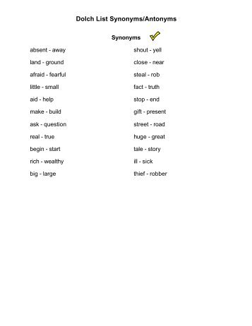 Dolch List Synonyms/Antonyms